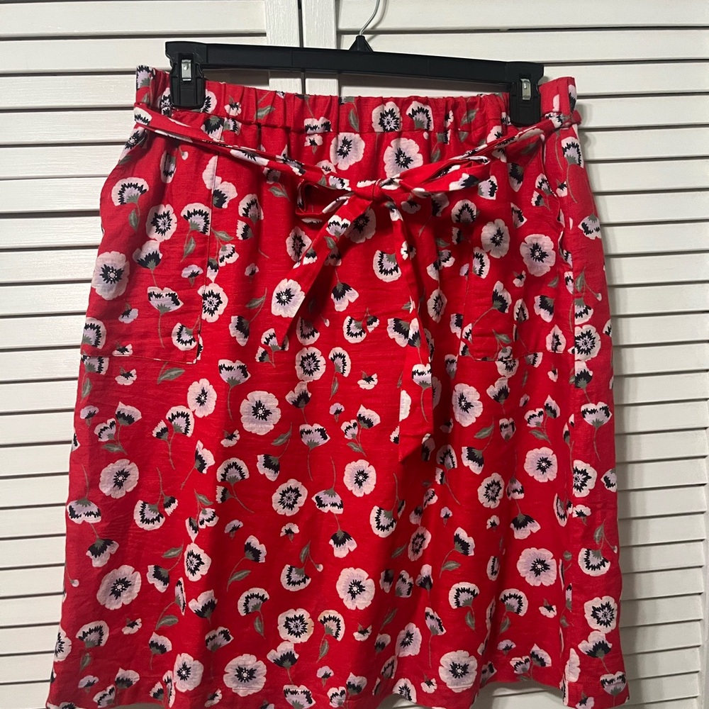 J. Crew Factory Red Linen Cotton Floral Skirt with Tie Waist A-Line Large